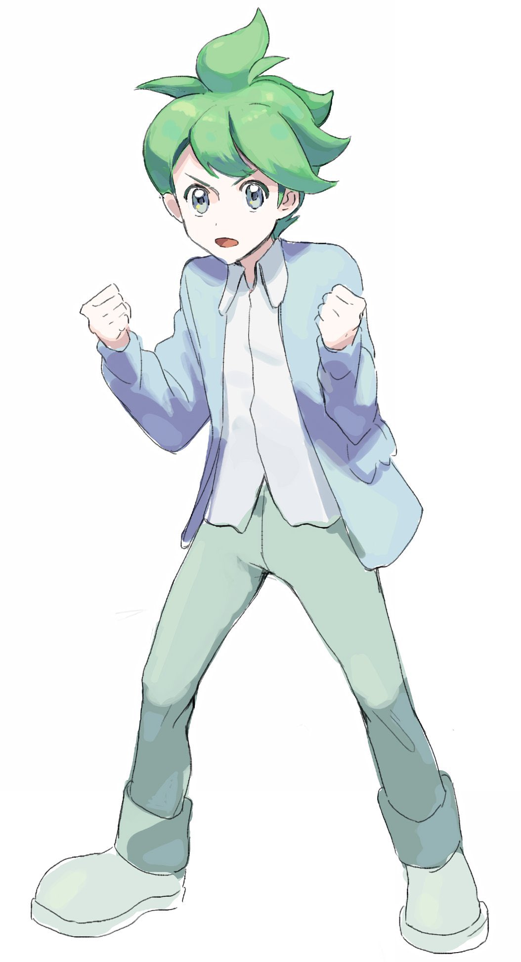 1boy cardigan clenched_hands collared_shirt commentary_request full_body green_eyes green_hair green_pants hands_up highres kienai_11 male_focus open_cardigan open_clothes open_mouth pants pokemon pokemon_(game) pokemon_rse shirt shoes short_hair solo standing tongue wally_(pokemon) white_shirt