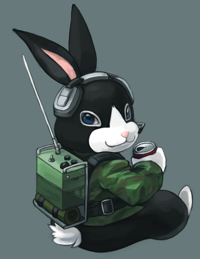 animal animal_focus beer_can black_fur blue_eyes botasky can cat_shit_one field_radio grey_background headphones holding holding_can looking_back military military_jacket no_humans pink_nose rabbit radio sitting smile taakao3000