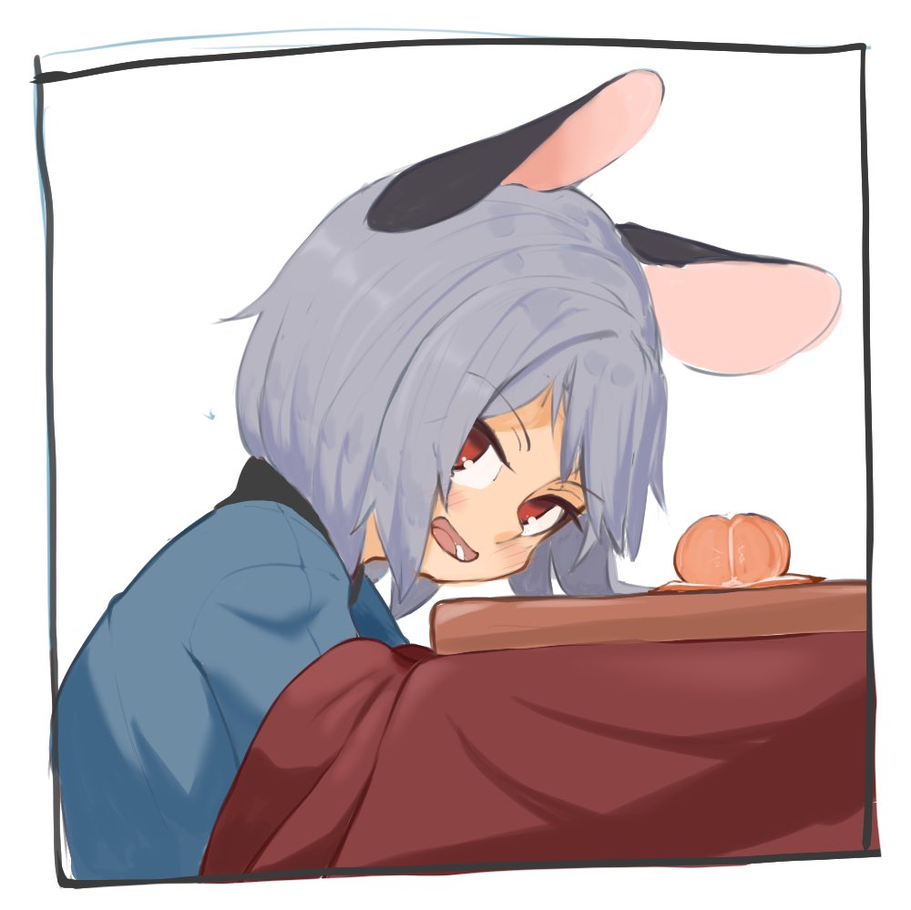 1girl animal_ears blue_jacket blush commentary_request food fruit greenpiecerice grey_hair jacket kotatsu leaning_forward long_bangs looking_at_viewer mandarin_orange mouse_ears mouse_girl nazrin open_mouth red_eyes short_hair smile solo table touhou upper_body white_background