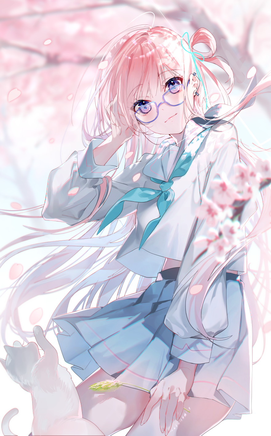 1girl aqua_neckerchief blue-framed_eyewear blue_eyes blue_skirt blurry blurry_background cat cherry_blossoms commentary_request earrings falling_petals glasses hand_on_own_thigh highres jewelry long_hair long_sleeves looking_at_viewer miwano_rag neckerchief one_side_up original outdoors petals pink_hair pleated_skirt sailor_collar school_uniform serafuku shirt skirt smile tree very_long_hair white_sailor_collar white_shirt