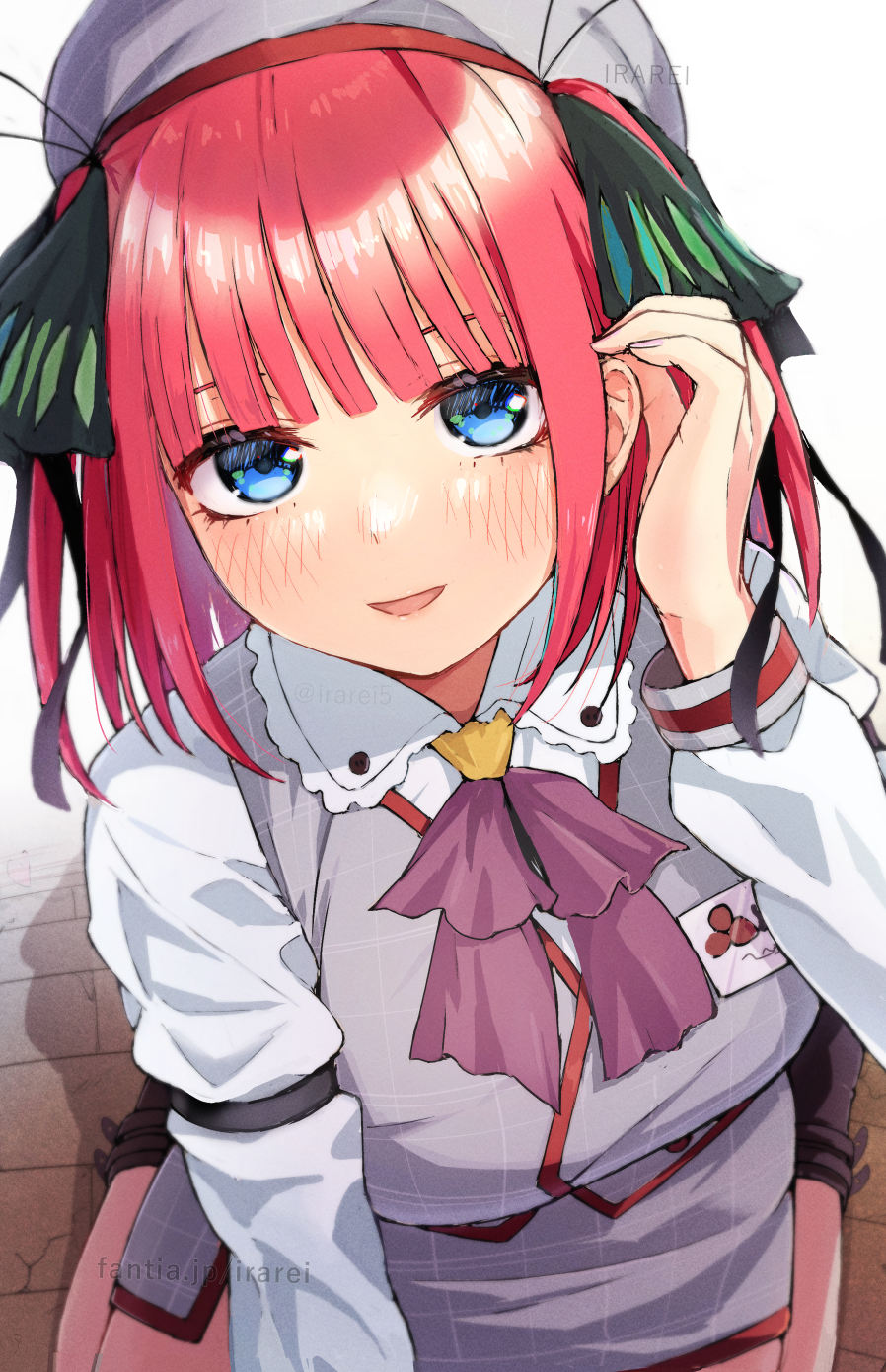 1girl adjusting_hair alternate_costume artist_name ascot beret black_footwear black_ribbon blue_eyes blush breasts butterfly_hair_ornament commentary_request eyelashes from_above go-toubun_no_hanayome grey_headwear hair_ornament hair_ribbon hand_up hat head_tilt highres irarei_(araisanblog) kneeling large_breasts long_sleeves looking_at_viewer medium_hair miniskirt nakano_nino paid_reward_available parted_lips pencil_skirt pink_hair purple_ascot ribbon simple_background skirt smile solo straight_hair two_side_up upturned_eyes web_address white_background