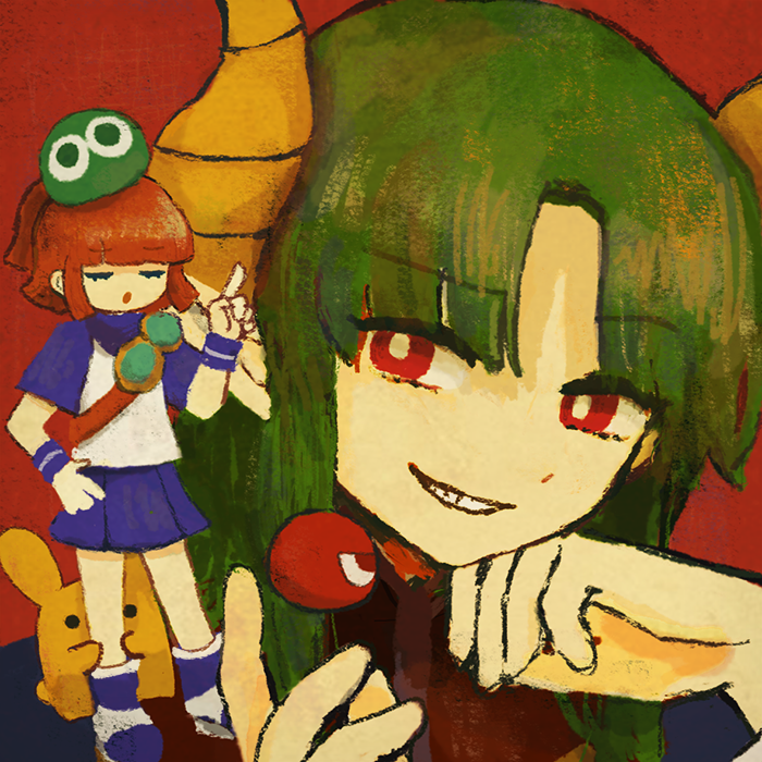 1boy 1girl :o arle_nadja blob blue_skirt blunt_bangs bright_pupils brown_hair carbuncle_(puyopuyo) closed_eyes commentary creature demon_horns green_hair hand_on_own_chin hand_on_own_hip hiding hiding_behind_another horns long_hair looking_at_another madou_monogatari medium_hair minigirl nananameless on_shoulder parted_bangs pleated_skirt pointy_ears portrait puyo_(puyopuyo) puyopuyo red_background satan_(puyopuyo) short_sleeves skirt smirk symbol-only_commentary white_pupils
