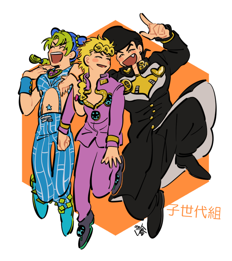 1girl 2boys black_hair blonde_hair blue_hair carota327 cone_hair_bun diamond_wa_kudakenai double_bun fang gakuran giorno_giovanna green_eyes green_hair hair_bun higashikata_josuke jojo_no_kimyou_na_bouken jumping kujo_jolyne midriff multicolored_hair multiple_boys navel_piercing piercing pompadour school_uniform spider_web_print stone_ocean two-tone_hair vento_aureo