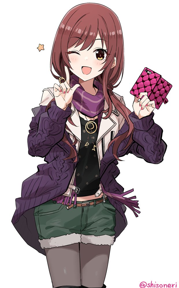1girl belt black_shirt blush brown_belt brown_hair cellphone fur-trimmed_shorts fur_trim green_shorts grey_pantyhose holding holding_phone idolmaster idolmaster_shiny_colors index_finger_raised jacket jewelry long_hair long_sleeves looking_at_viewer midriff_peek necklace off_shoulder one_eye_closed open_clothes open_jacket open_mouth osaki_amana pantyhose phone pink_nails purple_scarf purple_sweater scarf shirt shisoneri shorts simple_background smartphone smartphone_case smile solo sweater swept_bangs twitter_username white_background white_jacket yellow_eyes