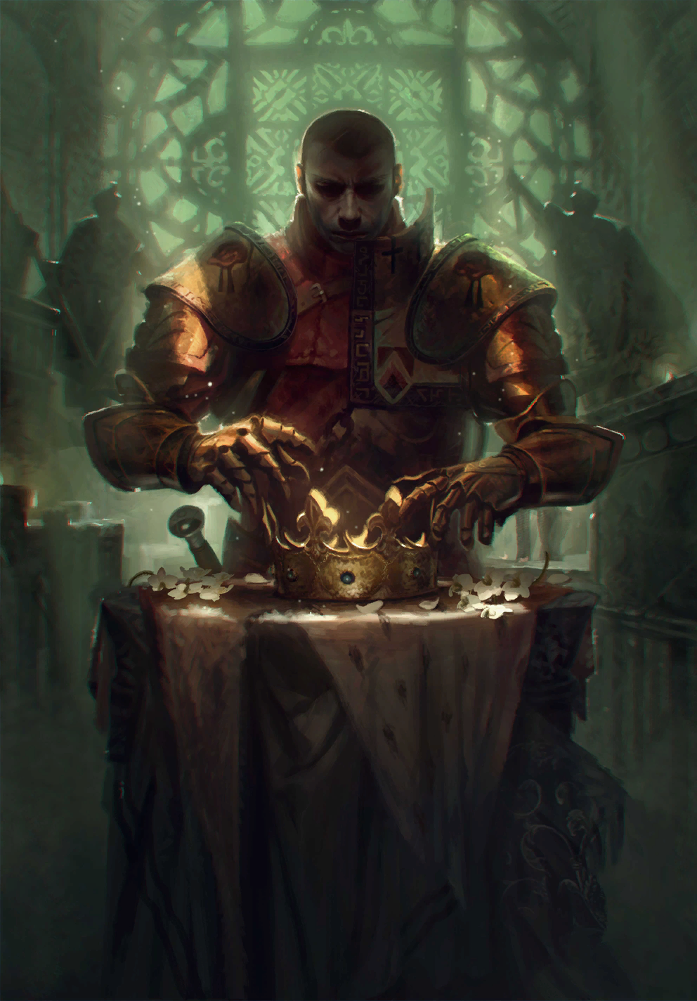 1boy armor bald crown game_cg gauntlets gwent_(game) highres indoors non-web_source official_art prince_stennis the_witcher_(series)