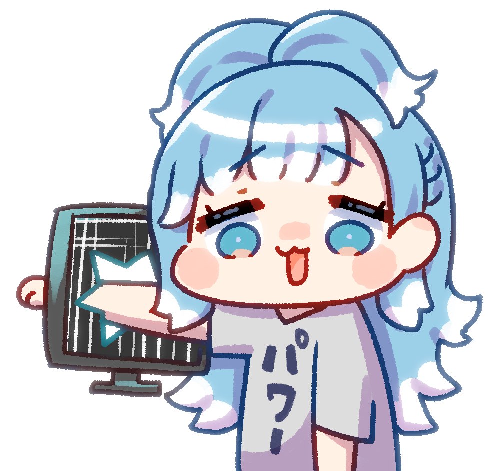 1girl :3 blue_eyes blue_hair blush_stickers broken chibi commentary hololive hololive_indonesia kobo_kanaeru looking_at_viewer monitor multicolored_hair noname_(metaldragonfly) open_mouth outstretched_arm simple_background solid_circle_eyes solo symbol-only_commentary two-tone_hair virtual_youtuber white_background white_hair