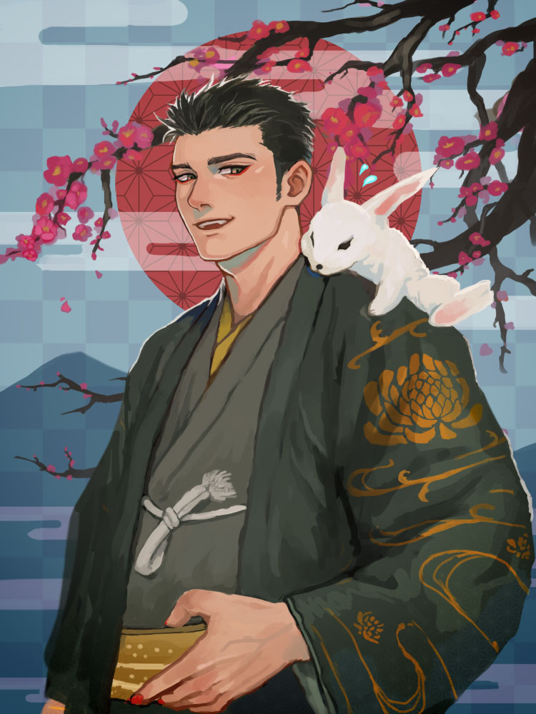 1boy animal_on_shoulder bakemonookome black_hair black_kimono brown_eyes cherry_blossoms clouds eyeshadow flying_sweatdrops japanese_clothes kimono looking_at_another makeup male_focus mountain new_year open_mouth original rabbit red_eyeshadow red_nails red_sun short_hair smile