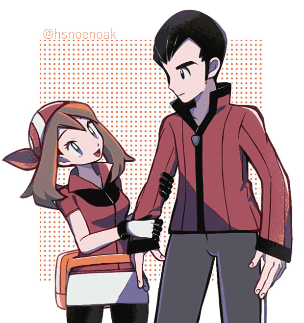 1boy 1girl :d bandana bike_shorts_under_skirt black_eyes black_hair blue_eyes brown_hair closed_mouth collared_shirt commentary_request eyelashes fanny_pack father_and_daughter gloves grey_pants holding_another's_arm hsngamess jacket may_(pokemon) miniskirt norman_(pokemon) open_mouth orange_bag pants pokemon pokemon_(game) pokemon_rse red_bandana red_jacket red_shirt shirt short_hair skirt smile tongue twitter_username white_skirt