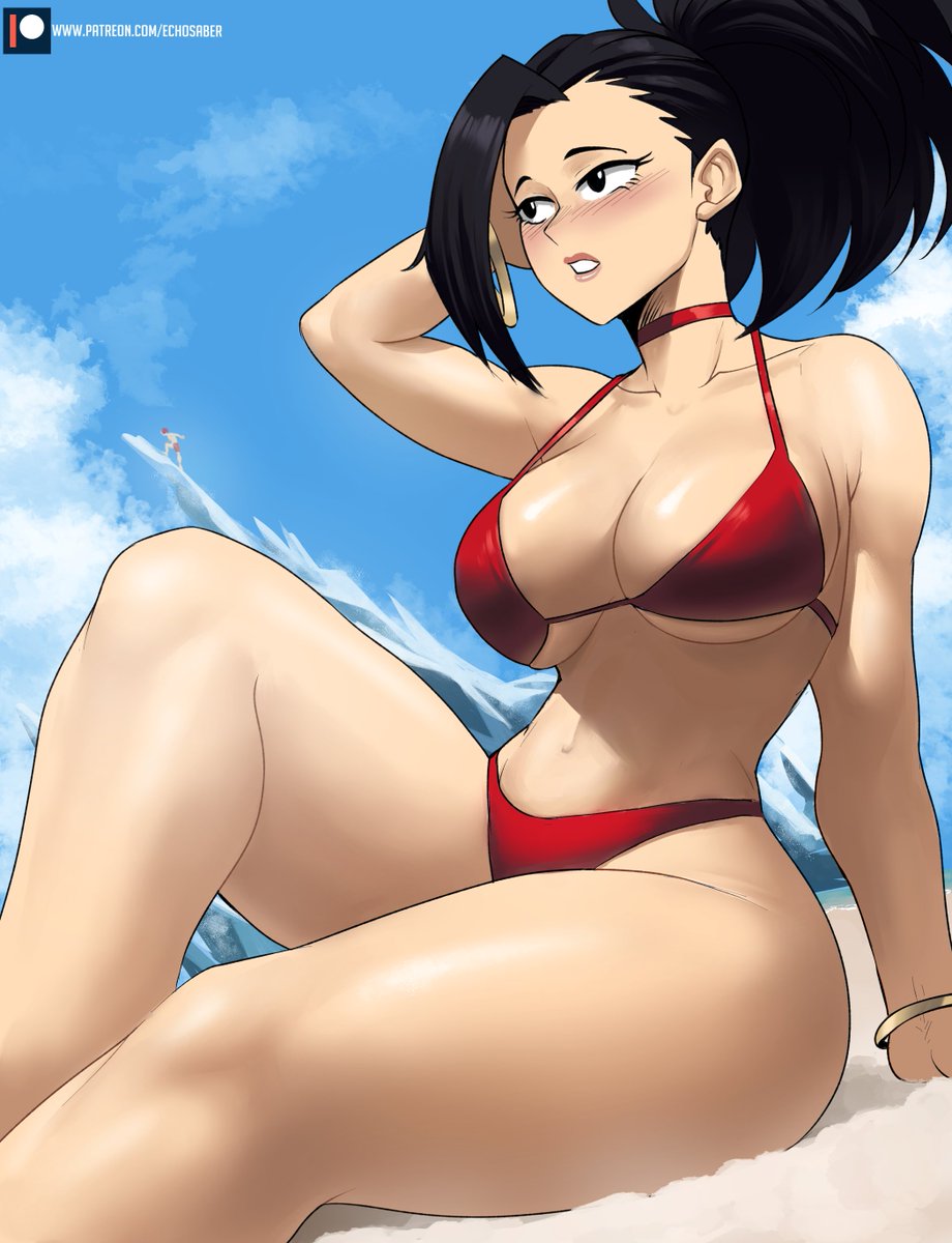 1boy 1girl 2022 absurd_res arm_grab ass asymmetrical_hair beach bikini black_hair blush boku_no_hero_academia breasts breasts_out echo_saber echosaber highres huge_breasts ice large_breasts narrow_waist outdoors ponytail swimsuit thick_thighs thighs todoroki_shouto water wide_hips yaoyorozu_momo