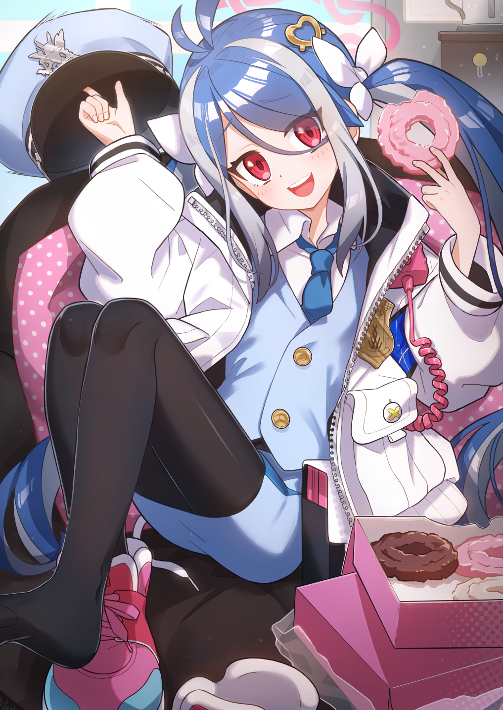 1girl :d antenna_hair black_pantyhose blue_archive blue_hair bow bowtie chair commentary_request doughnut eyes_visible_through_hair food fubuki_(blue_archive) fuji_tarawi hair_between_eyes hair_bow hair_ornament hair_ribbon halo hat hat_removed head_tilt headwear_removed heart heart_hair_ornament highres holding holding_clothes holding_food holding_hat jacket knees_up long_hair long_sleeves looking_at_viewer multicolored_hair pantyhose pastry_box peaked_cap pencil_skirt pocket police police_uniform policewoman red_eyes ribbon shoes sidelocks single_shoe sitting skirt smile sneakers solo streaked_hair turtleneck turtleneck_jacket twintails two-tone_hair uniform walkie-talkie