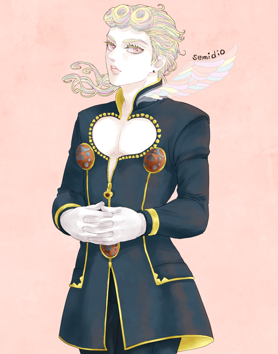 1boy blonde_hair braid cleavage_cutout clothing_cutout giorno_giovanna jojo_no_kimyou_na_bouken k_(kktkk) ladybug_ornament long_hair male_focus multicolored_hair own_hands_clasped own_hands_together single_wing solo vento_aureo wing_ornament wings