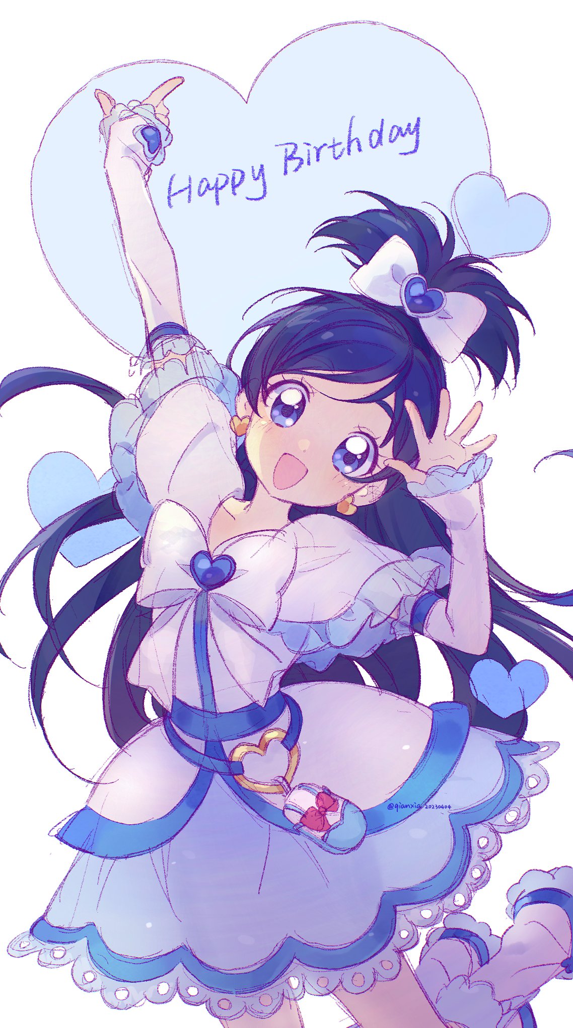 1girl blue_eyes blue_hair bow cure_white dress earrings frills futari_wa_precure half_updo happy_birthday heart heart_earrings highres jewelry long_hair open_mouth precure qianxia_yell smile solo white_bow white_dress yukishiro_honoka