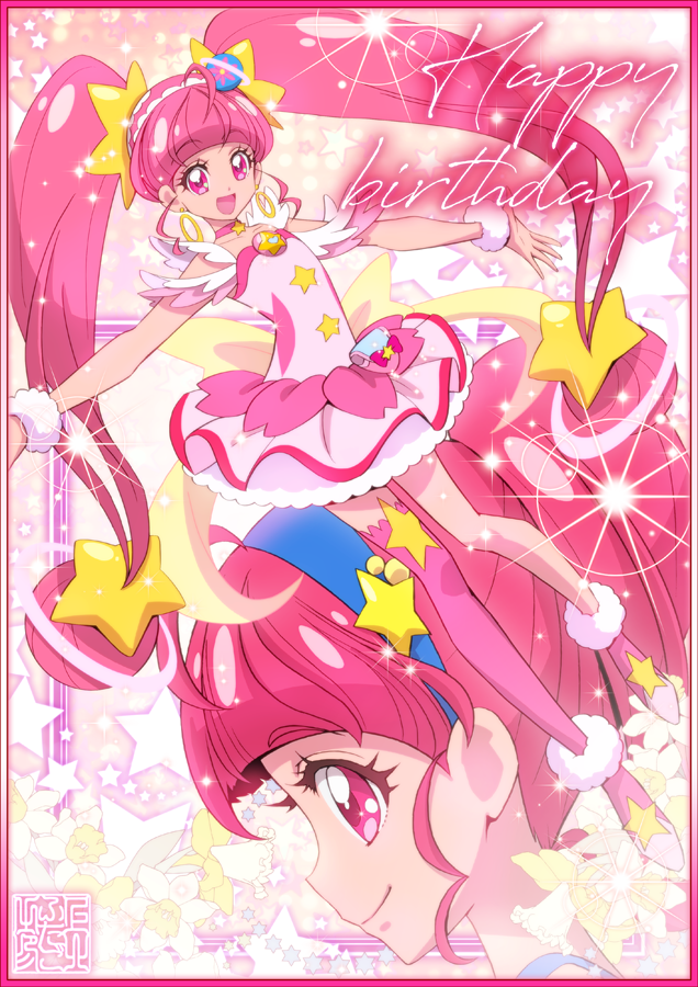 1girl :d ahoge blunt_bangs boots choker closed_mouth cure_star dress earrings fur-trimmed_boots fur_cuffs fur_trim hair_ornament happy_birthday hoop_earrings hoshina_hikaru jewelry kamikita_futago long_hair looking_at_viewer magical_girl open_mouth petticoat pink_choker pink_dress pink_eyes pink_footwear pink_hair pink_thighhighs planet_hair_ornament pouch precure profile short_dress single_thighhigh smile solo star_(symbol) star_choker star_hair_ornament star_twinkle_precure thigh-highs twintails very_long_hair wrist_cuffs
