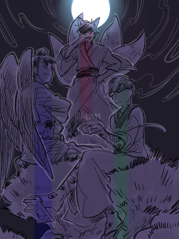 3boys bandaged_arm bandaged_head bandages bespectacled blue_eyes crossed_arms doumeki extra_eyes finger_to_own_nose full_moon geta glasses green_eyes grin hand_on_own_hip japanese_clothes kimono kitsune looking_at_viewer male_focus matsuno_choromatsu matsuno_karamatsu matsuno_osomatsu moon multiple_boys osomatsu-san red_eyes smile tamago_toji tengu tengu-geta yukata