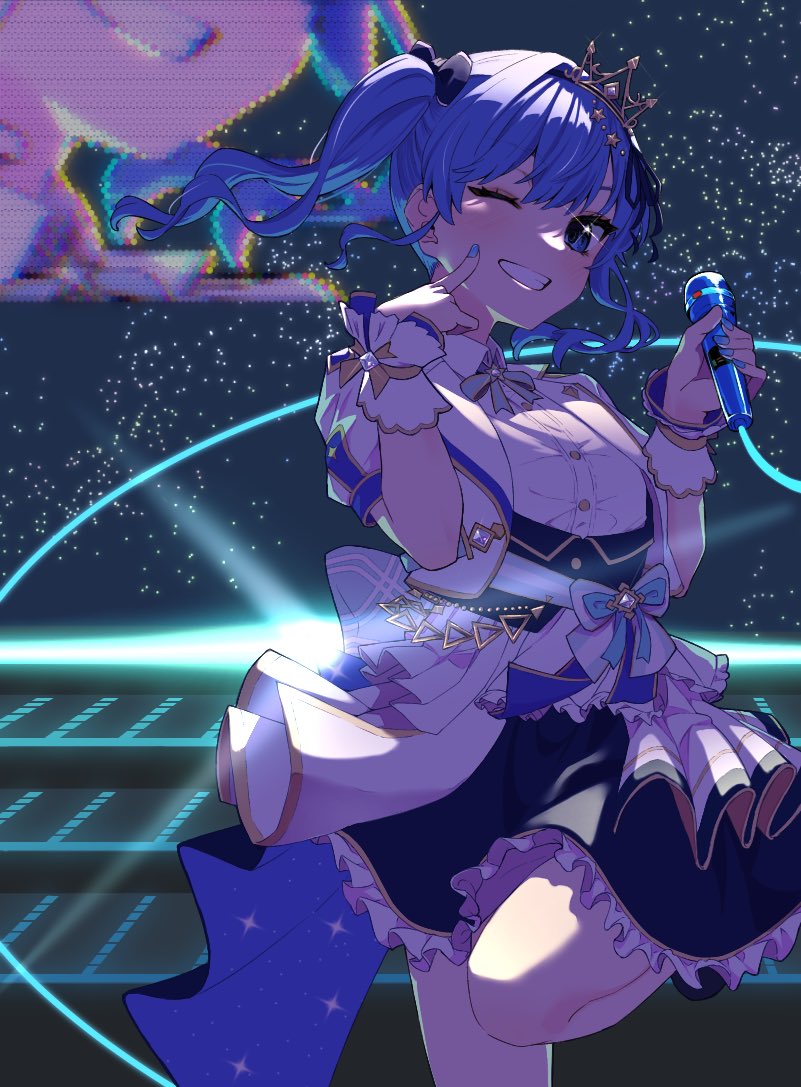 1girl back_bow black_bow black_skirt blue_bow blue_bowtie blue_hair blue_nails bow bowtie finger_to_face frilled_skirt frills grin hair_bow hair_ribbon holding holding_microphone hololive hololive_idol_uniform hololive_idol_uniform_(bright) hoshimachi_suisei jacket layered_skirt long_hair looking_at_viewer microphone mugimugi_yummy one_eye_closed puffy_short_sleeves puffy_sleeves ribbon shirt short_sleeves skirt smile solo standing standing_on_one_leg starry_background tiara white_jacket white_shirt white_skirt wrist_cuffs