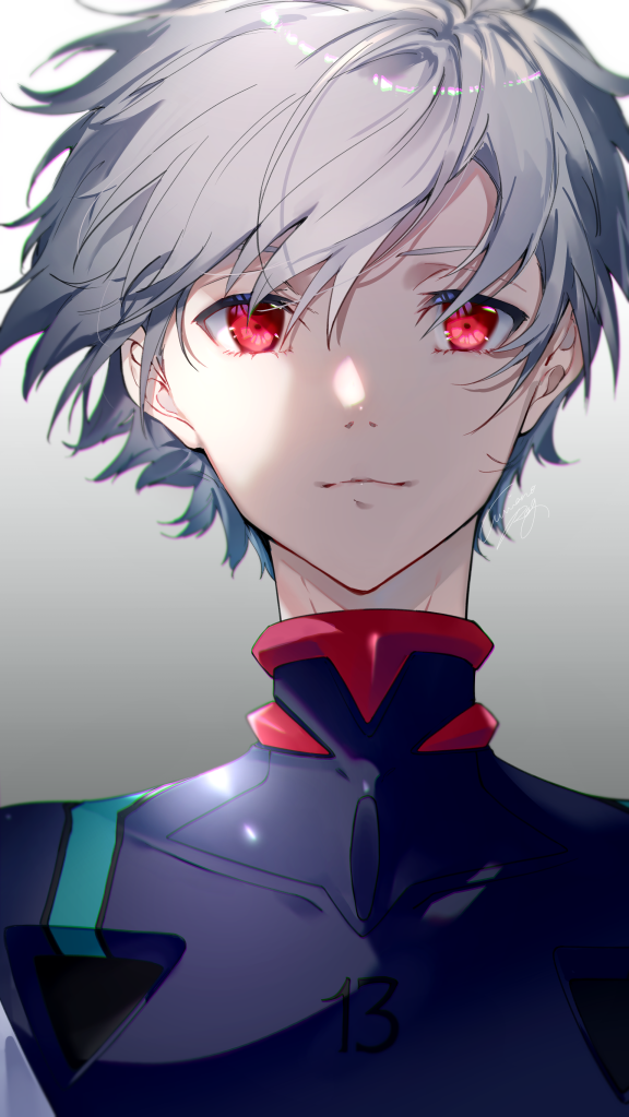 1boy bodysuit closed_mouth clothing_request evangelion:_3.0+1.0_thrice_upon_a_time grey_background grey_hair looking_at_viewer male_focus miwano_rag multicolored_background nagisa_kaworu neon_genesis_evangelion rebuild_of_evangelion red_eyes short_hair smile solo spiky_hair white_background