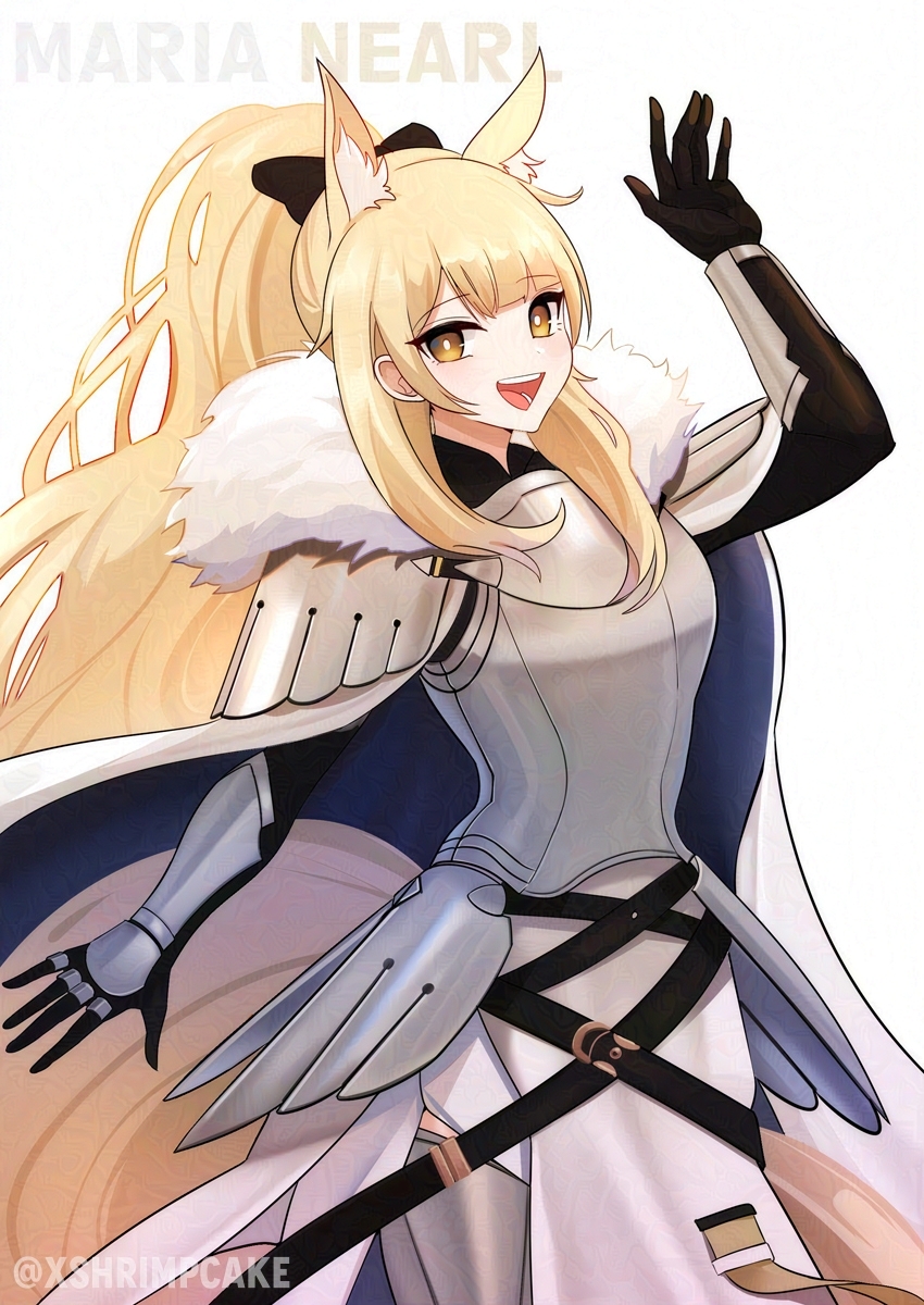 1girl :d animal_ears arknights arm_up armor black_bow black_gloves blemishine_(arknights) blonde_hair blush bow bright_pupils character_name cowboy_shot extra_ears fur-trimmed_armor gauntlets gloves hair_bow happy highres horse_ears horse_tail long_hair open_mouth ponytail sidelocks simple_background smile solo supershrimpcakes tail teeth tongue twitter_username upper_teeth_only very_long_hair white_background white_pupils yellow_eyes