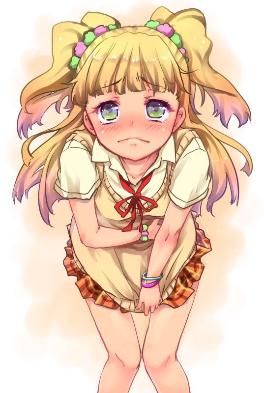 1girl blonde_hair blush bracelet commentary_request efyuru embarrassed green_eyes hair_ornament hand_on_own_stomach idolmaster idolmaster_cinderella_girls jewelry jougasaki_rika long_hair looking_at_viewer school_uniform simple_background skirt skirt_grab solo stomach_ache stomachache sweater_vest tears teary_eyes twintails two_side_up white_background 便意我慢