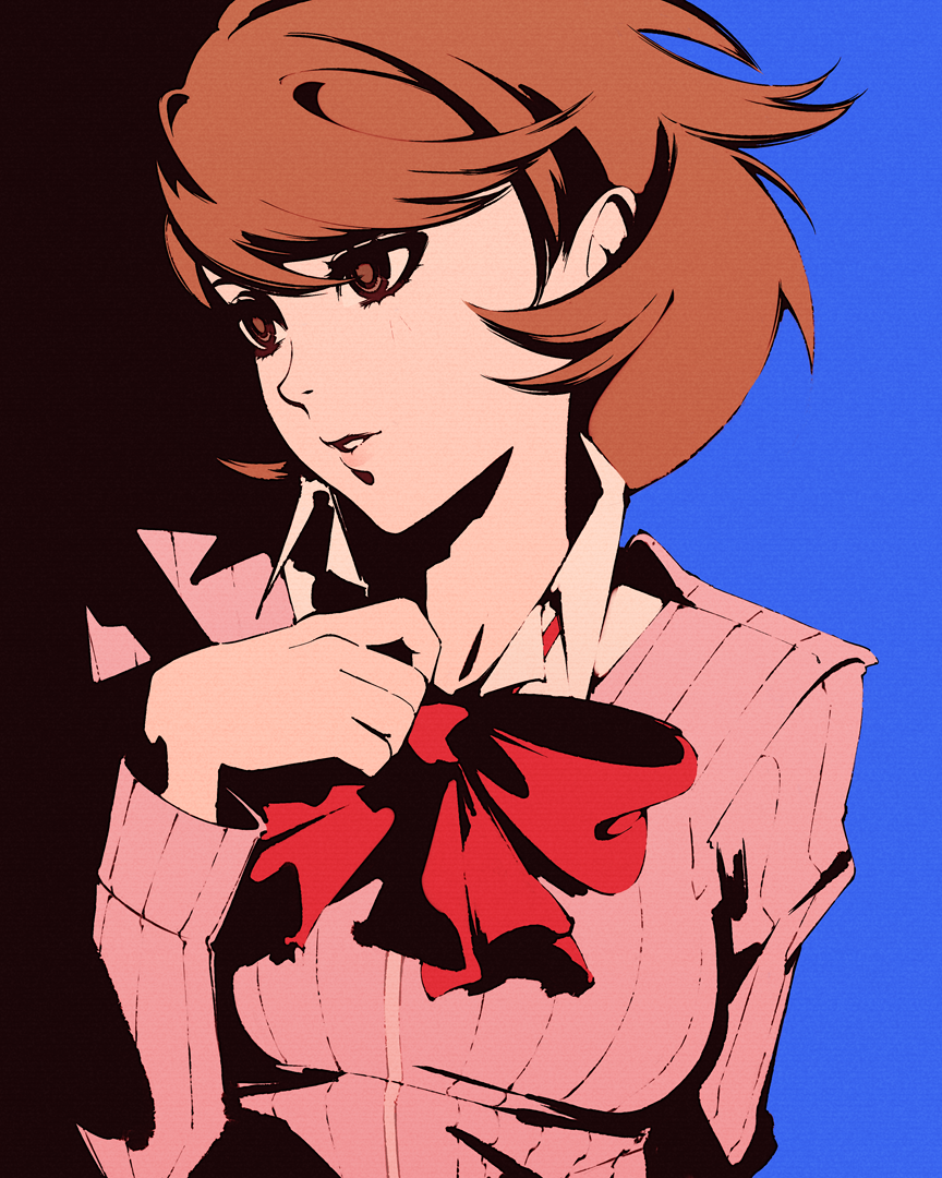 1girl black_background blue_background bob_cut bow bowtie breasts brown_cardigan brown_eyes brown_hair cardigan commentary dress_shirt eyelashes hair_between_eyes hand_on_own_chest high_contrast lips long_sleeves looking_afar looking_away medium_breasts moshimoshibe parted_lips persona persona_3 red_bow red_bowtie ribbed_cardigan romaji_commentary school_uniform shirt short_hair solo takeba_yukari two-tone_background upper_body white_shirt