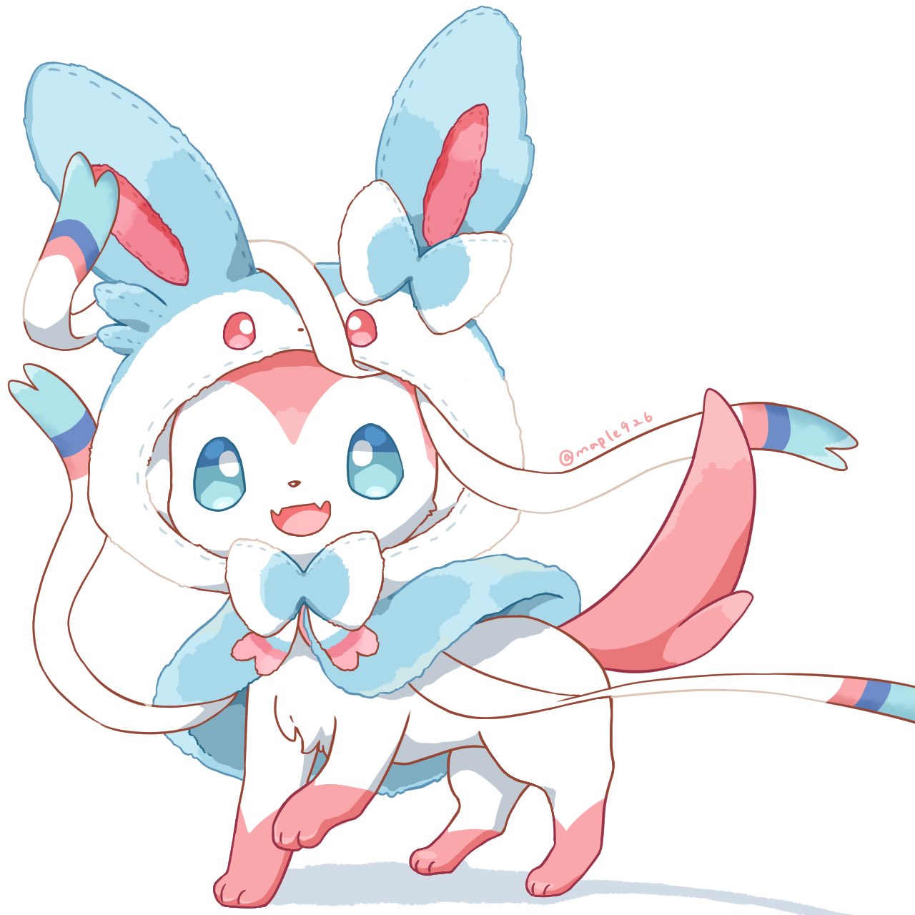 alternate_color artist_name blue_eyes capelet clothed_pokemon cosplay fangs highres hood hooded_capelet kana_(maple926) looking_at_viewer no_humans open_mouth pastel_colors pokemon pokemon_(creature) shadow simple_background skin_fangs solo standing sylveon twitter_username white_background