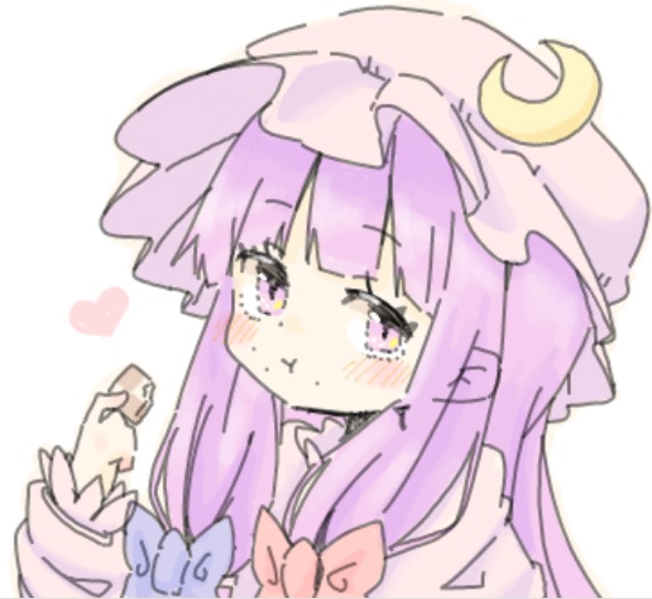 1girl :t blue_bow blunt_bangs blush bow crescent crescent_hat_ornament dress food food_on_face hair_bow hand_up hat_ornament heart kimi_(artist) long_hair long_sleeves looking_at_viewer patchouli_knowledge pink_dress pink_headwear purple_hair red_bow solo touhou upper_body violet_eyes
