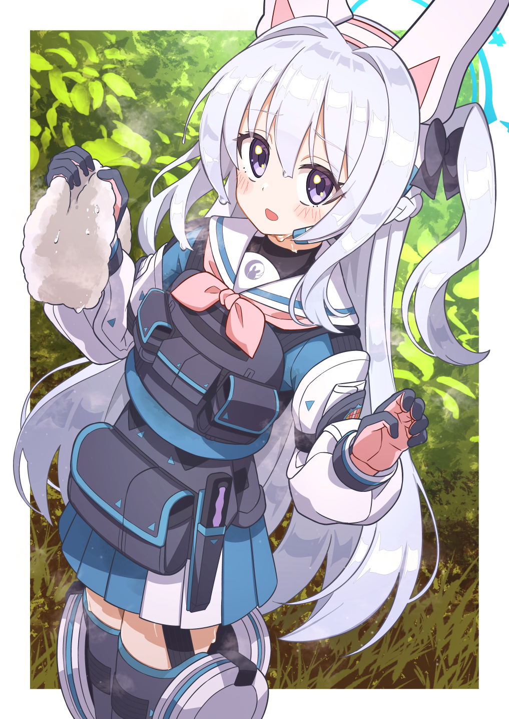 1girl :d animal_ears bag blue_archive bow braid bulletproof_vest commentary_request fake_animal_ears fuji_tarawi grey_hair hair_between_eyes hair_bow hair_ribbon halo headset highres holding holding_towel knee_pads knife_holster long_hair long_sleeves looking_at_viewer miyako_(blue_archive) one_side_up pleated_skirt pocket rabbit_ears ribbon school_uniform serafuku sidelocks single_braid skirt smile solo tactical_clothes towel turtleneck two-tone_gloves violet_eyes wet wet_clothes wet_towel white_towel