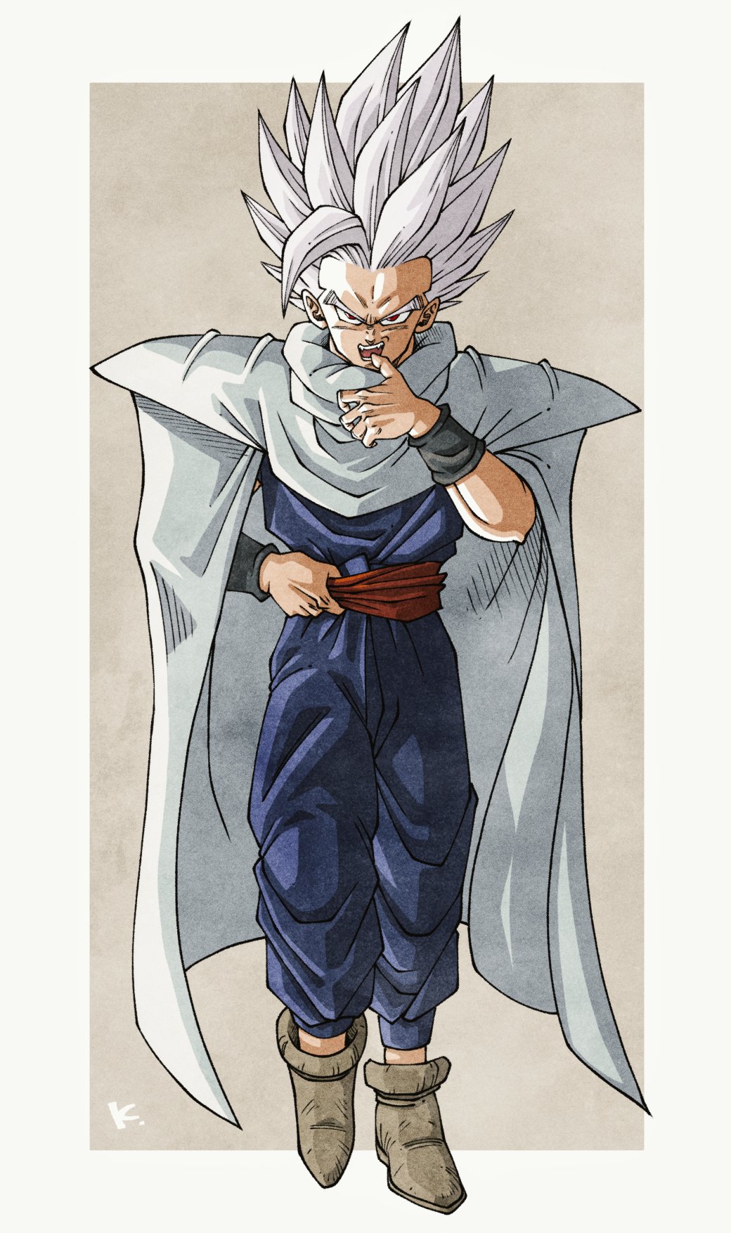 1boy cape dougi dragon_ball dragon_ball_super full_body gohan_beast grey_hair highres kakeru_(dbskakeru) male_focus red_eyes red_sash sash solo son_gohan spiky_hair white_cape