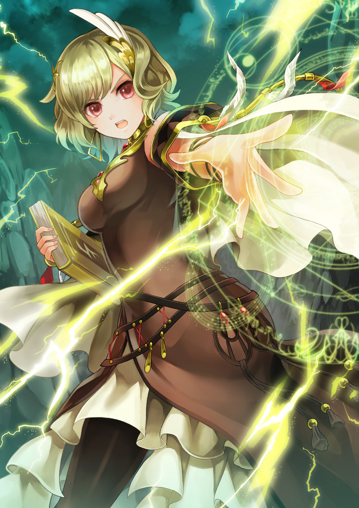 1girl akuru_(akr369akr) black_pantyhose blonde_hair book citrinne_(fire_emblem) commission dress earrings feather_hair_ornament feathers fire_emblem fire_emblem_engage hair_ornament holding holding_book jewelry long_dress looking_at_viewer magic open_mouth outstretched_arm pantyhose red_eyes short_hair skeb_commission