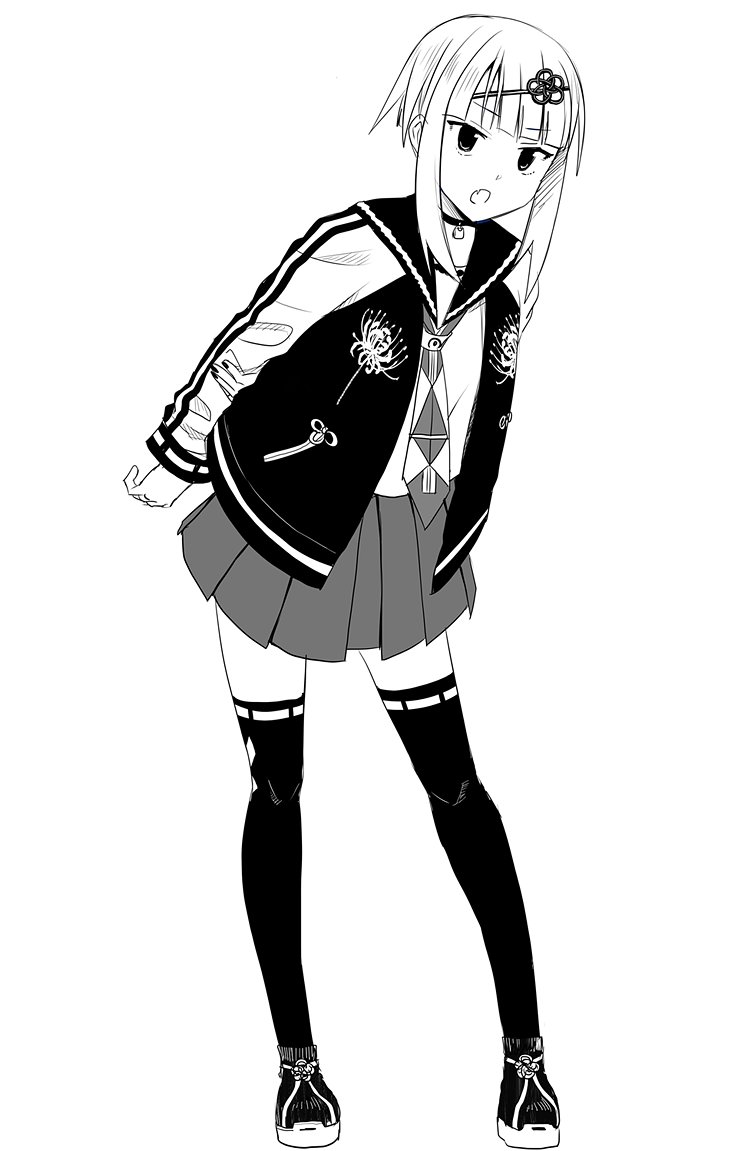 1girl :o fang full_body greyscale jacket leaning_forward letterman_jacket long_sleeves looking_at_viewer monochrome necktie okiru open_clothes open_jacket open_mouth original pleated_skirt puffy_long_sleeves puffy_sleeves ribbon-trimmed_legwear ribbon_trim sailor_collar school_uniform serafuku shirt shoes sidelocks simple_background skirt sleeves_past_wrists solo standing thigh-highs white_background