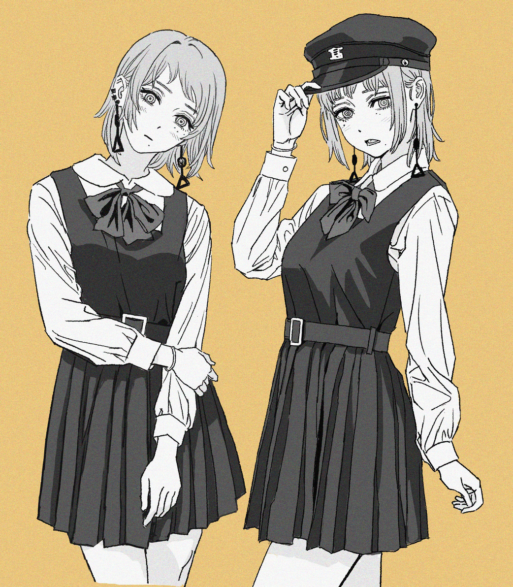 1girl belt_buckle bow bowtie breasts buckle chainsaw_man cowboy_shot dress fami_(chainsaw_man) greyscale hand_on_headwear hat holding_own_arm looking_at_viewer medium_breasts mole mole_under_eye mole_under_mouth monochrome peaked_cap pinafore_dress pleated_dress ringed_eyes school_uniform shiren_(ourboy83) simple_background yellow_background