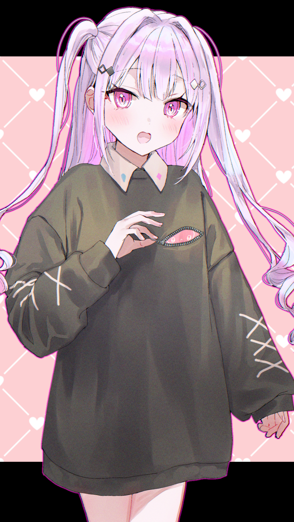 1girl black_sweater hair_intakes hair_ornament highres hoju_rura indie_virtual_youtuber long_hair long_sleeves looking_at_viewer open_mouth puffy_long_sleeves puffy_sleeves purple_hair sleeves_past_wrists solo standing sweater tomozero two_side_up very_long_hair violet_eyes virtual_youtuber wavy_mouth