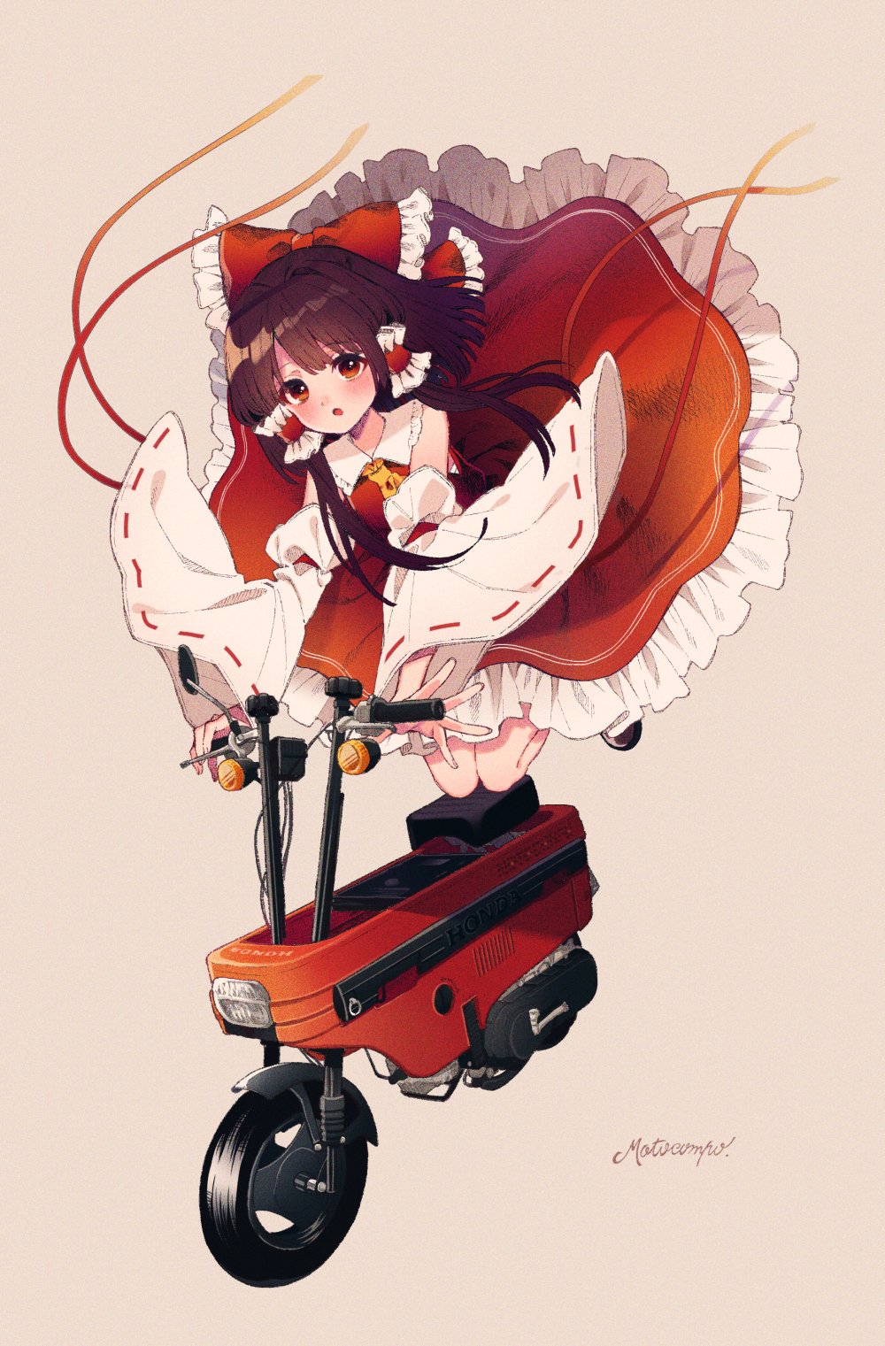1girl ascot bare_shoulders black_hair blush bow brown_eyes detached_sleeves frilled_skirt frills hair_bow hair_tubes hakurei_reimu highres japanese_clothes long_hair motor_vehicle nontraditional_miko open_mouth red_bow red_skirt ribbon-trimmed_sleeves ribbon_trim sidelocks signature simple_background skirt solo touhou touya_(konpekitou) white_sleeves wide_sleeves yellow_ascot yellow_background