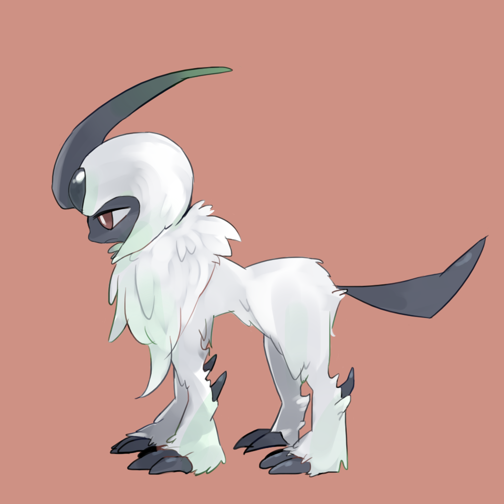 absol animal_focus bright_pupils closed_mouth commentary_request from_side full_body half-closed_eyes neck_fur no_humans ntmkn partial_commentary pokemon pokemon_(creature) profile red_background red_eyes short_hair simple_background solo standing white_hair white_pupils