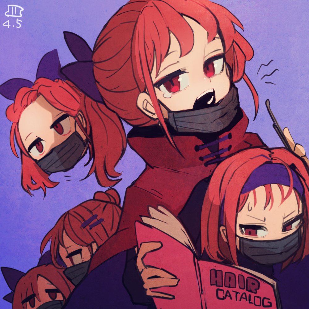 1girl black_shirt blue_bow book bow cape dated disembodied_head hair_bow hair_ornament hairclip maaru_(akira428) mask mouth_mask one-hour_drawing_challenge open_book open_mouth purple_background red_cape red_eyes redhead sekibanki shirt short_hair signature simple_background solo touhou