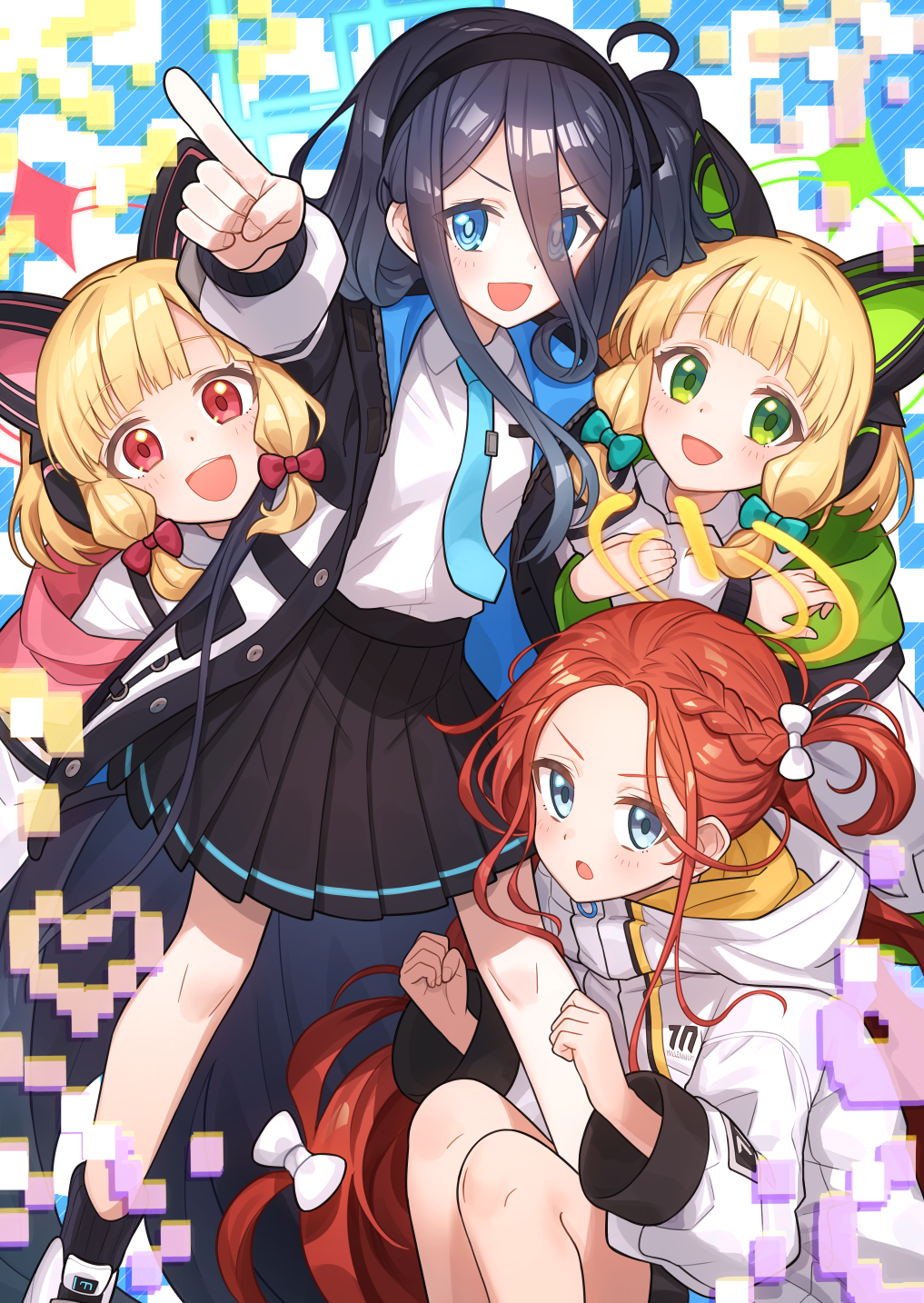 4girls :d absurdly_long_hair animal_ear_headphones animal_ears aris_(blue_archive) black_hair black_jacket black_skirt blonde_hair blue_archive blue_eyes blue_necktie blunt_bangs bow braid breast_pocket cat_ear_headphones clenched_hands coat collared_shirt commentary_request fake_animal_ears forehead fuji_tarawi green_eyes hair_between_eyes hair_bow hair_ribbon hairband halo headphones highres jacket long_hair long_sleeves looking_at_viewer midori_(blue_archive) momoi_(blue_archive) multiple_girls necktie one_side_up open_clothes open_coat parted_bangs pleated_skirt pocket pointing pointing_at_viewer red_eyes redhead ribbon school_uniform shirt short_hair siblings sidelocks single_braid skirt smile squatting suspenders tress_ribbon twins v-shaped_eyebrows very_long_hair white_coat white_jacket yuzu_(blue_archive)