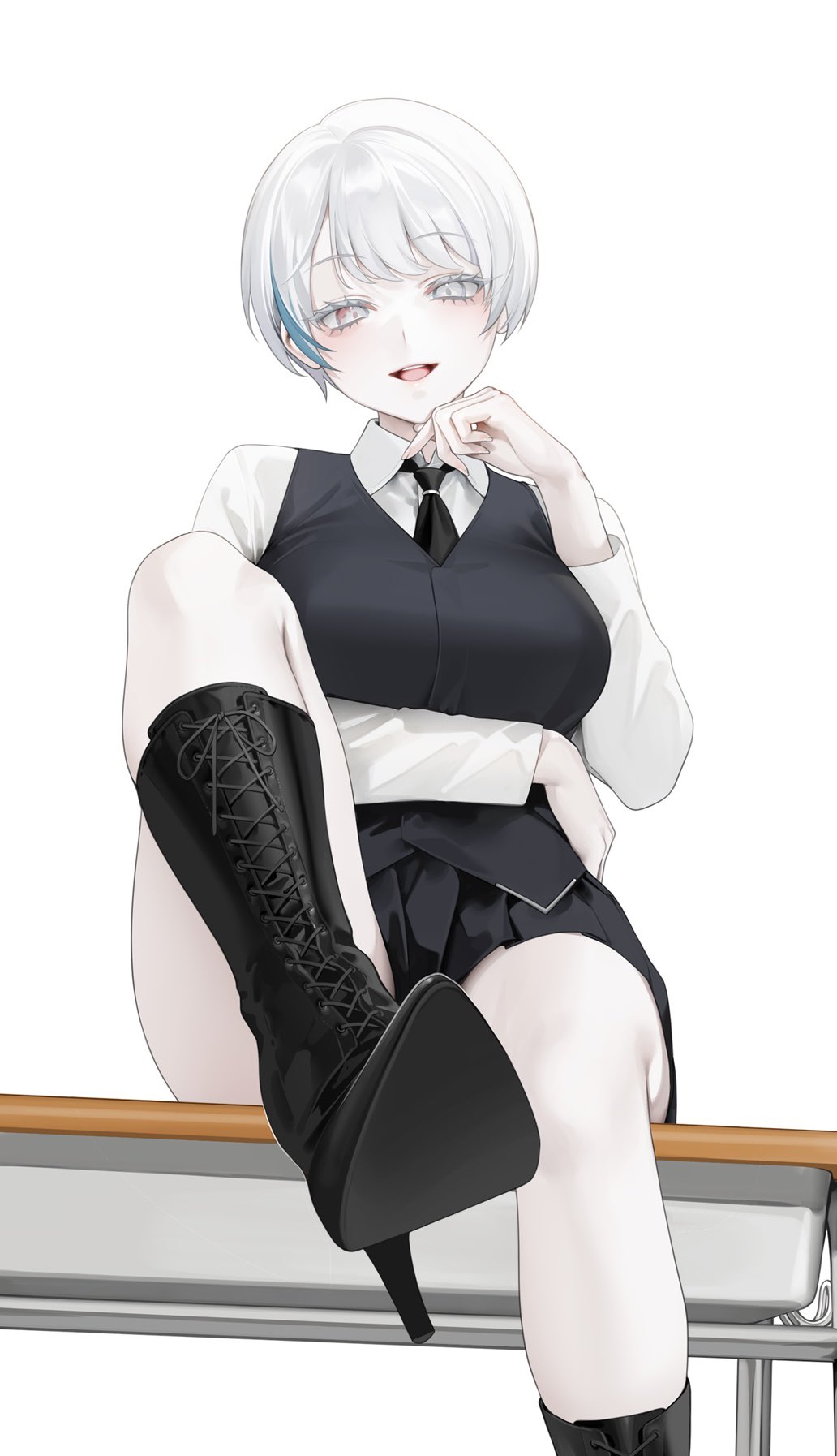 1girl arm_under_breasts blush boots cross-laced_footwear desk foreshortening from_below high_heel_boots high_heels highres looking_at_viewer looking_down miniskirt necktie ohisashiburi original pale_skin parted_lips pleated_skirt school_desk shirt short_hair sitting skirt solo white_background white_hair white_shirt wing_collar