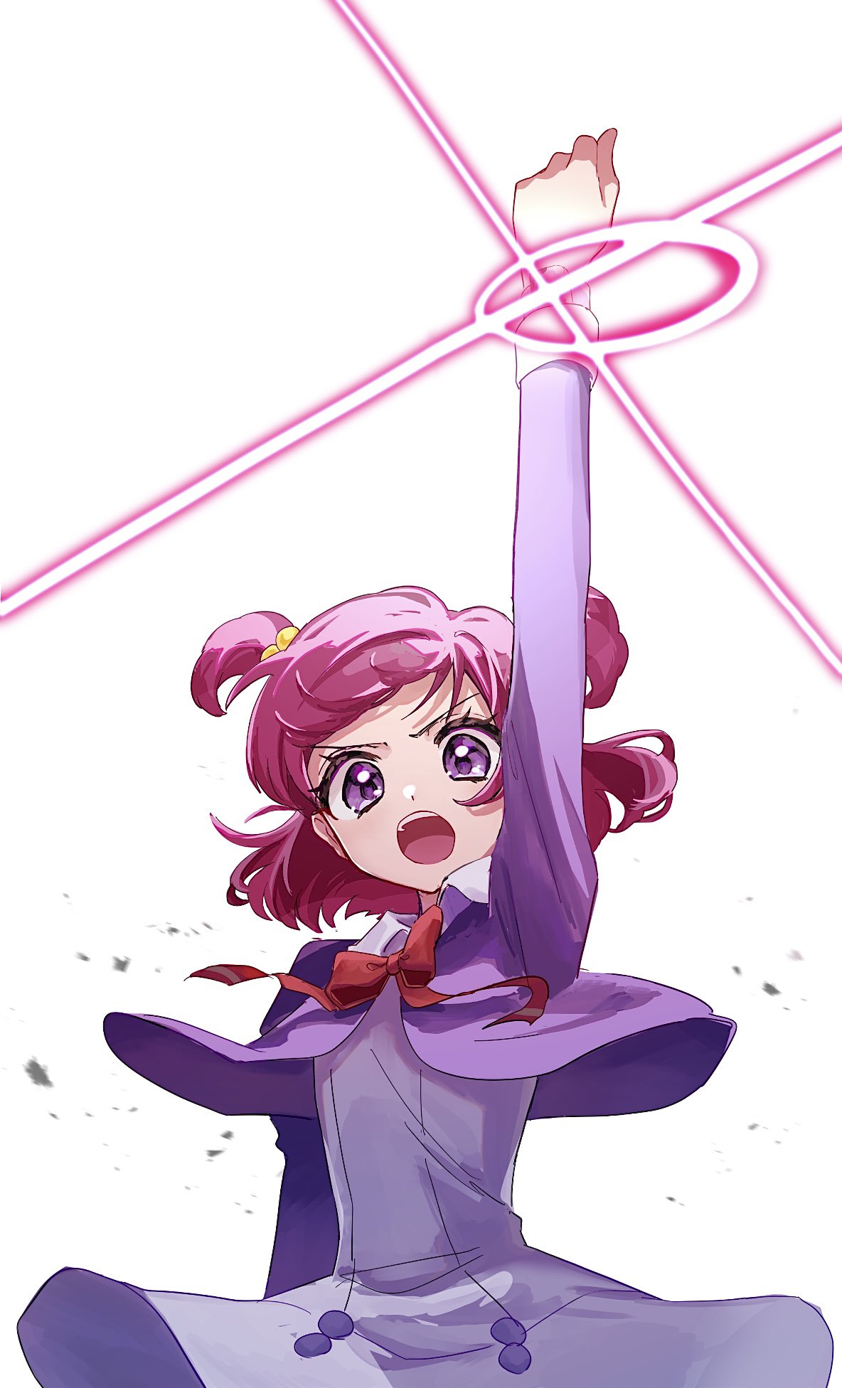 1girl blue_dress bow commentary cropped_jacket dress highres kamogawa140 l'ecole_des_cinq_lumieres_school_uniform long_sleeves open_mouth pink_hair precure red_bow school_uniform short_hair solo two_side_up violet_eyes yes!_precure_5 yumehara_nozomi
