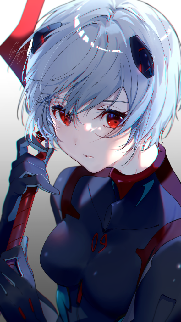 1girl ayanami_rei blue_hair blush bodysuit closed_mouth evangelion:_3.0+1.0_thrice_upon_a_time grey_background hair_between_eyes holding holding_weapon light_blue_hair looking_at_viewer miwano_rag multicolored_background neon_genesis_evangelion rebuild_of_evangelion red_eyes short_hair solo weapon white_background