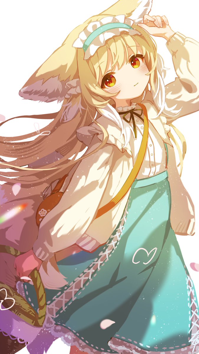 1girl animal_ear_fluff animal_ears arknights arm_up bag basket black_ribbon blonde_hair blue_hairband blue_skirt blush brown_bag cardigan closed_mouth cy_fros fox_ears fox_girl frilled_hairband frills hair_ornament hair_scrunchie hairband highres long_hair long_sleeves multicolored_hair neck_ribbon official_alternate_costume open_cardigan open_clothes puffy_long_sleeves puffy_sleeves ribbon scrunchie shirt shoulder_bag simple_background skirt sleeve_cuffs solo stitches suzuran_(arknights) suzuran_(spring_praise)_(arknights) two-tone_hair white_background white_hair white_shirt yellow_cardigan yellow_eyes