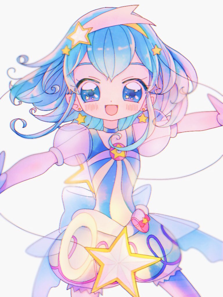 1girl :d ao_(umi_pre) blue_choker blue_eyes blue_hair blush choker cure_milky earrings hagoromo_lala hair_ornament hairband jewelry looking_at_viewer magical_girl medium_hair open_mouth outstretched_arms pointy_ears pouch precure puffy_short_sleeves puffy_sleeves see-through see-through_sleeves short_sleeves simple_background smile solo standing star_(symbol) star_earrings star_hair_ornament star_twinkle_precure white_background yellow_hairband