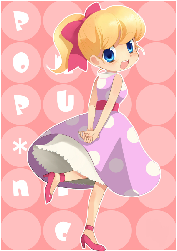 1girl ankle_strap arms_behind_back bare_arms bare_shoulders blonde_hair blue_eyes blush bow copyright_name dress from_behind hair_bow high_heels high_ponytail jennifer_(pop'n_music) neko_(natsuiroclassic) open_mouth polka_dot polka_dot_background polka_dot_dress ponytail pop'n_music red_bow red_footwear sleeveless sleeveless_dress smile solo
