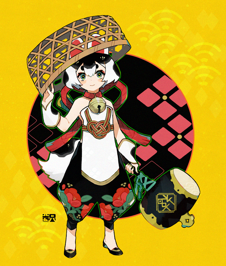 1girl animal_ears artist_logo baggy_pants basket bell black_background black_footwear black_hair black_pants bow bracer bright_pupils closed_mouth dog_ears dog_girl dog_tail floral_print full_body green_eyes green_nails hand_up holding holding_basket holding_mallet inu-hariko loafers looking_at_viewer mallet multicolored_background multicolored_hair neck_bell original pants red_bow rope seigaiha shimenawa shoes short_hair solo standing strapless tail white_hair yellow_background yotsu_kado
