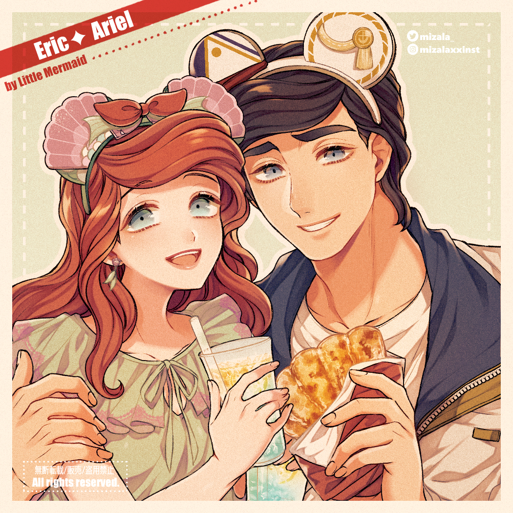 1boy 1girl :d animal_ears ariel_(disney) arm_around_shoulder black_hair blue_eyes bow brown_hair character_name copyright_name cup disposable_cup drink drinking_straw earrings eric_(disney) fake_animal_ears food hair_bow hetero holding holding_drink holding_food instagram_username jacket jewelry long_hair mizala red_bow shell_hair_ornament short_hair simple_background smile the_little_mermaid twitter_username upper_body