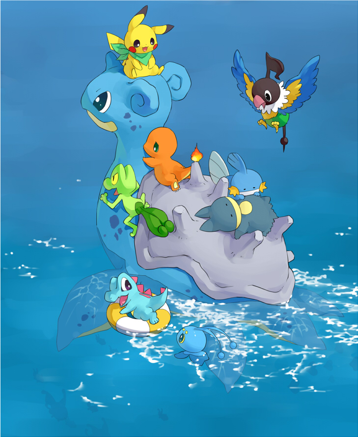 bandana charmander chatot closed_eyes day emunise green_bandana innertube lapras manaphy mudkip munchlax no_humans open_mouth outdoors pikachu pokemon pokemon_(creature) surf_(pokemon) totodile treecko water