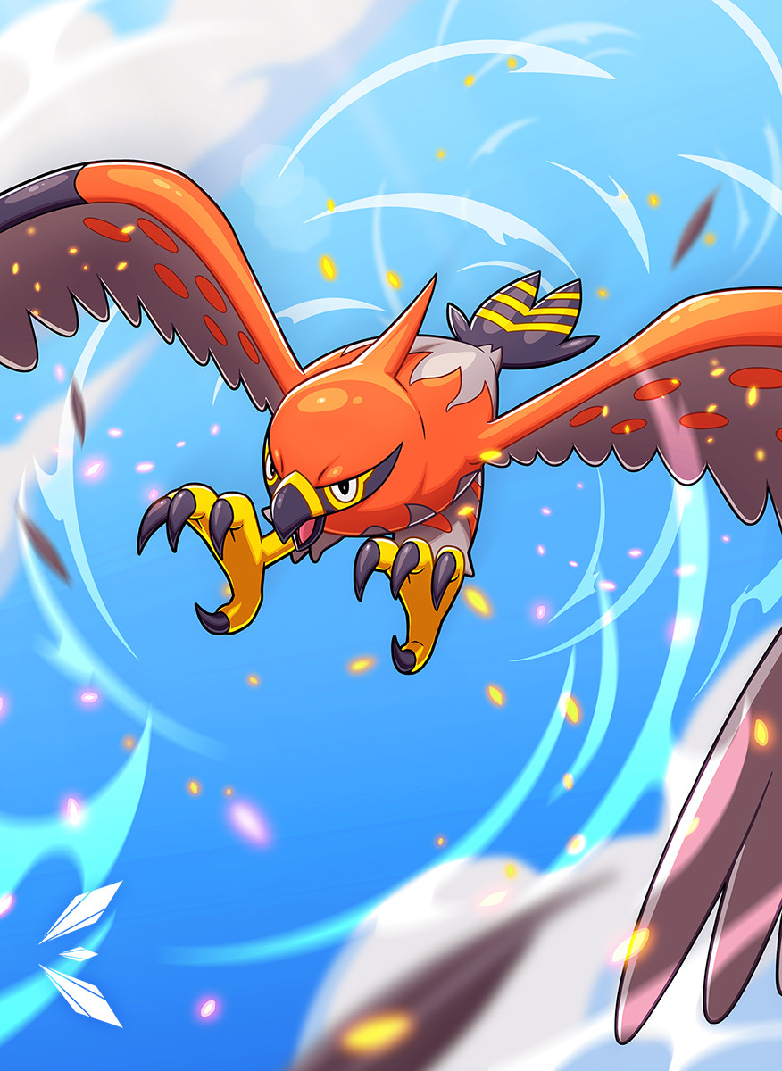 bird blue_sky clouds elementaldraws flying highres no_humans open_mouth outdoors pokemon pokemon_(creature) sky solo talonflame talons
