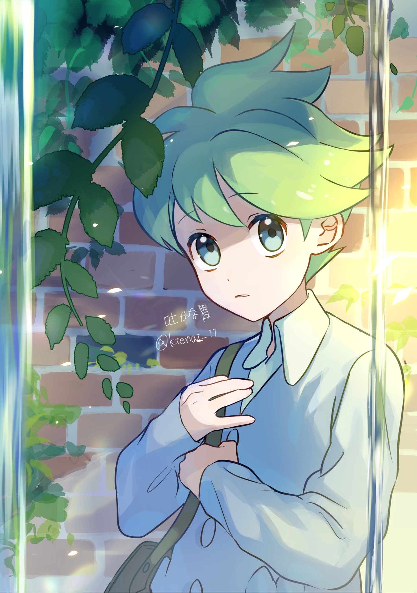1boy aqua_eyes bag brick_wall brown_bag buttons cardigan collared_shirt commentary green_hair grey_cardigan highres kienai_11 long_sleeves male_focus parted_lips plant pokemon pokemon_(game) pokemon_oras shirt short_hair sleeves_past_wrists solo symbol-only_commentary twitter_username upper_body vines wally_(pokemon) watermark