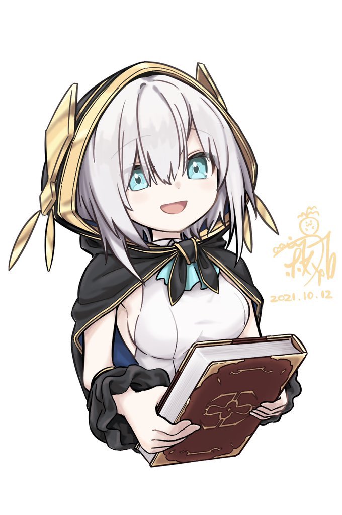 1girl ars_almal black_cape blue_eyes book cape commentary_request detached_sleeves holding holding_book hood nijisanji open_mouth shirt short_hair smile solo virtual_youtuber white_hair white_shirt yoshitatsu_ousuke