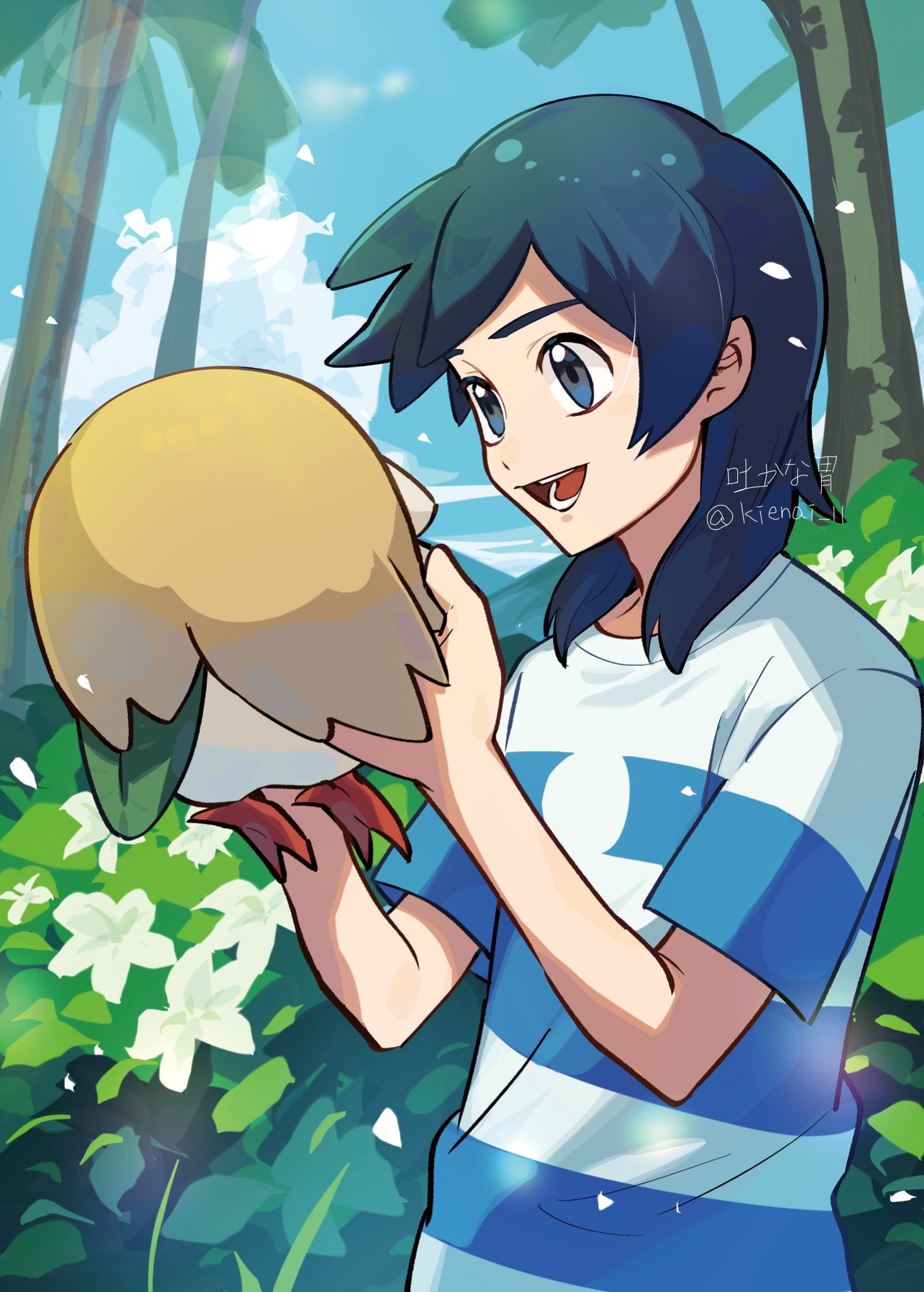 1boy :d black_hair blue_eyes bush clouds commentary day elio_(pokemon) from_side hands_up highres holding holding_pokemon kienai_11 male_focus open_mouth outdoors palm_tree pokemon pokemon_(creature) pokemon_(game) pokemon_sm rowlet shirt short_sleeves sky smile striped striped_shirt symbol-only_commentary t-shirt teeth tongue tree twitter_username watermark