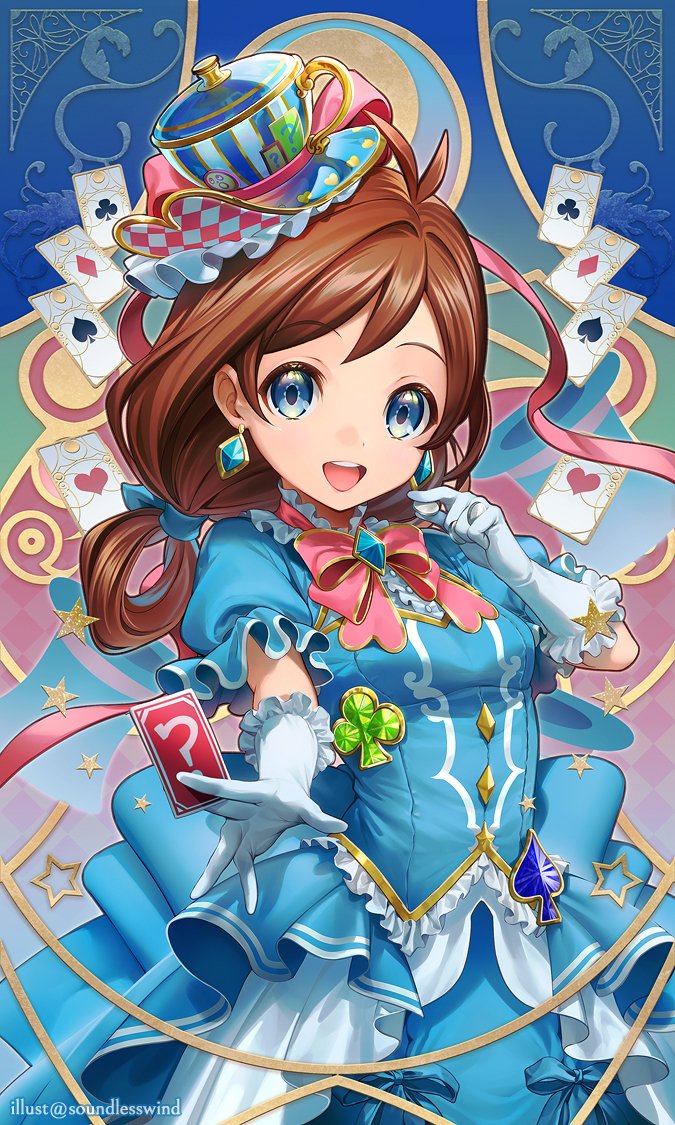 1girl :d ace_attorney alternate_costume blue_dress blue_eyes blue_headwear blush bow brown_hair buttons card club_(shape) diamond_(shape) diamond_button diamond_earrings dress earrings frilled_gloves frills gloves hat heart holding jewelry kaze-hime long_hair looking_at_viewer low-tied_long_hair open_mouth pink_bow playing_card smile solo spade_(shape) top_hat trucy_wright white_gloves