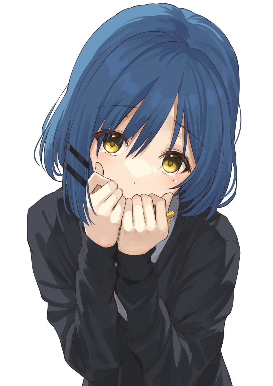 1girl black_sweater blue_hair bocchi_the_rock! commentary covering_mouth eyelashes from_above hair_between_eyes hair_ornament hairpin hands_up head_tilt highres kanaria_hisagi light_blush looking_at_viewer medium_hair mole mole_under_eye own_hands_together shirt sidelocks simple_background sleeves_past_wrists solo straight-on sweater upper_body yamada_ryou yellow_eyes